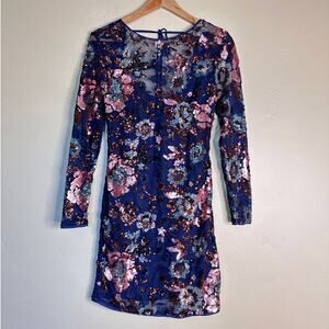 By Anthropologie Sequin Navy Floral Mini Dress